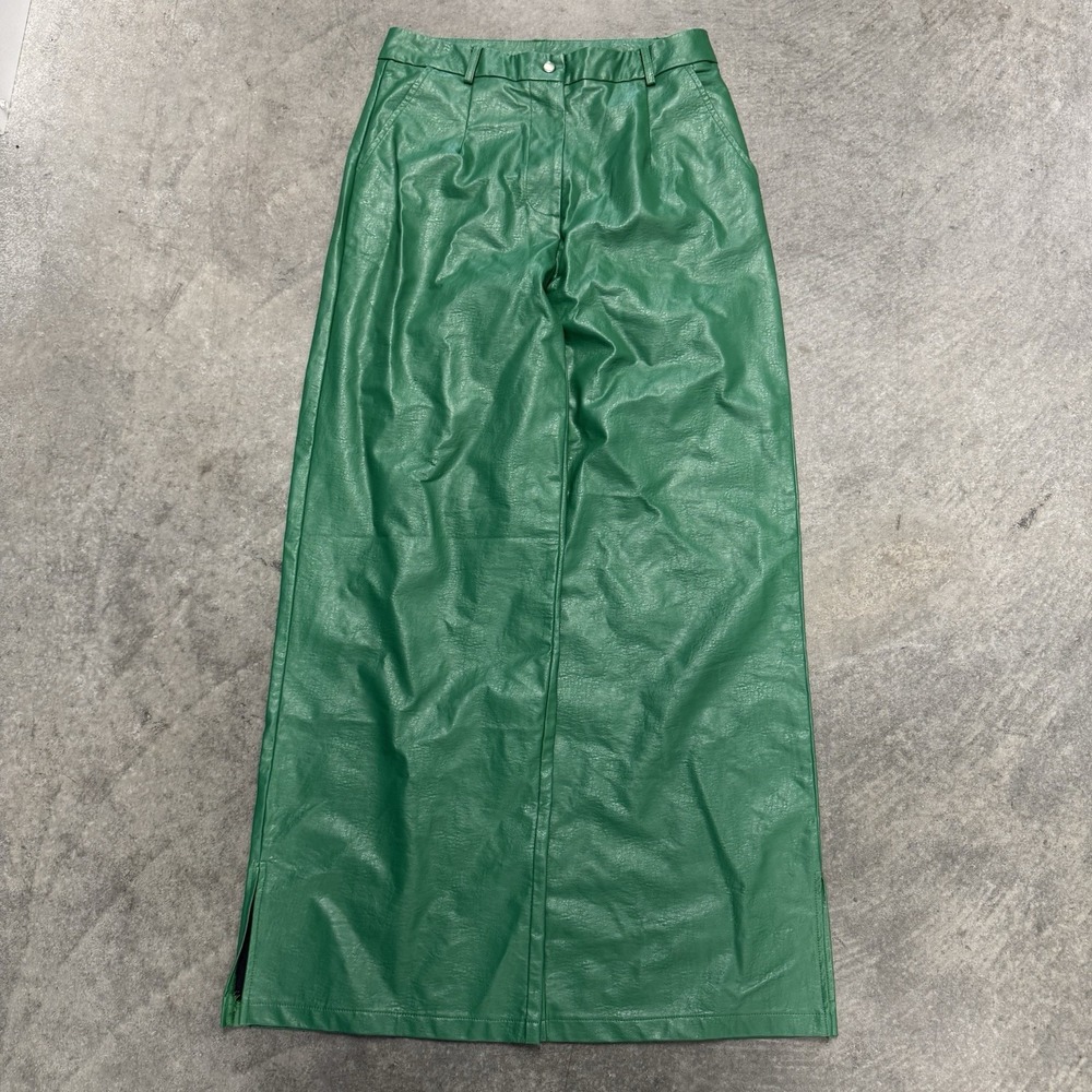 Women's Vegan Leather Pants Kelly Green Princess Polly Sz 8 High Rise Flare